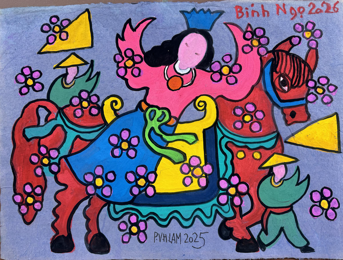 Ngựa Bính Ngọ 2026 qua nét vẽ của họa sĩ Phạm Viết Hồng Lam.
