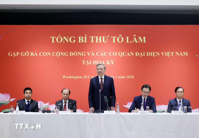 Tổng Bí thư Tô Lâm phát biểu tại buổi gặp gỡ. (Ảnh: Thống Nhất/TTXVN).