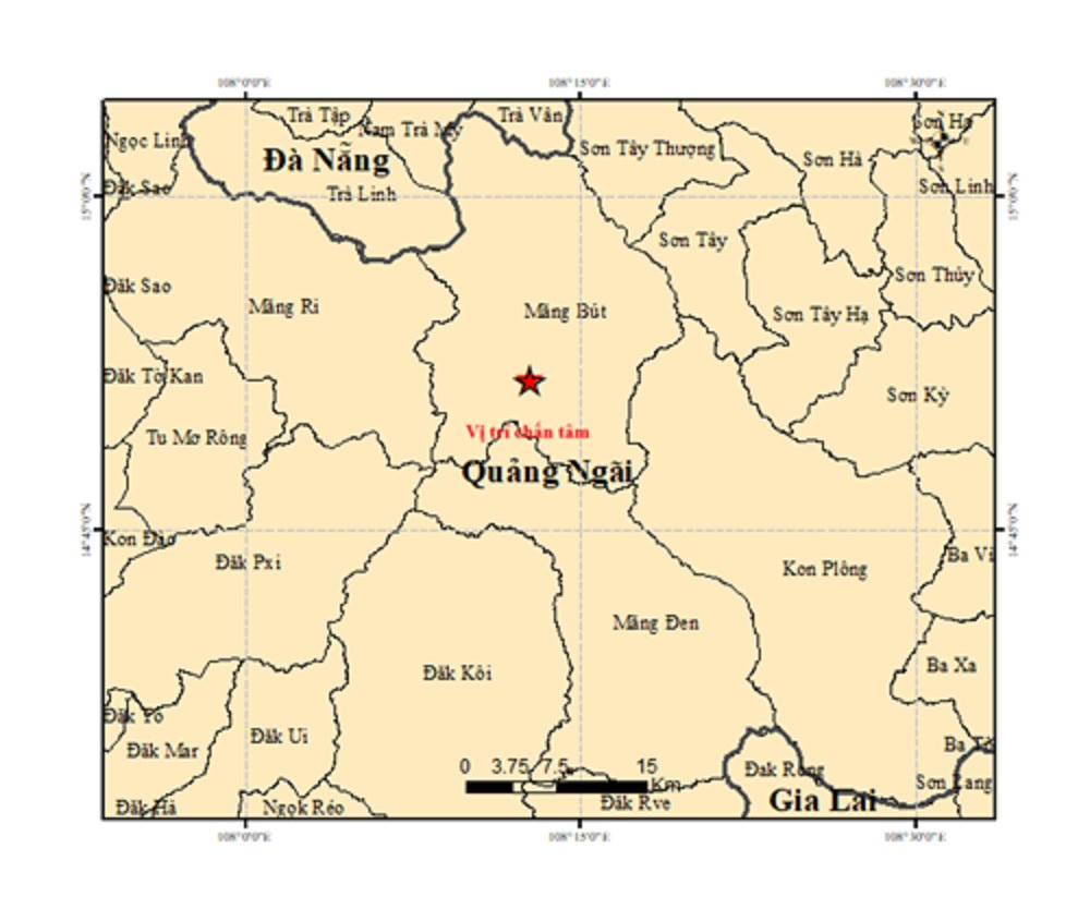 Vị trí tâm chấn động đất 4,0 độ Richter ở xã Măng Bút. Ảnh: Viện Các khoa học Trái đất.