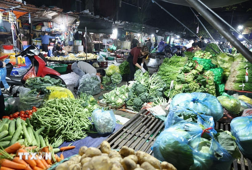 Tiểu thương chuẩn bị nguồn cung rau xanh phục vụ thị trường sau Tết Bính Ngọ, ở Chợ đầu mối Nam Hà Nội, thành phố Hà Nội. (Ảnh: Vũ Sinh/TTXVN).