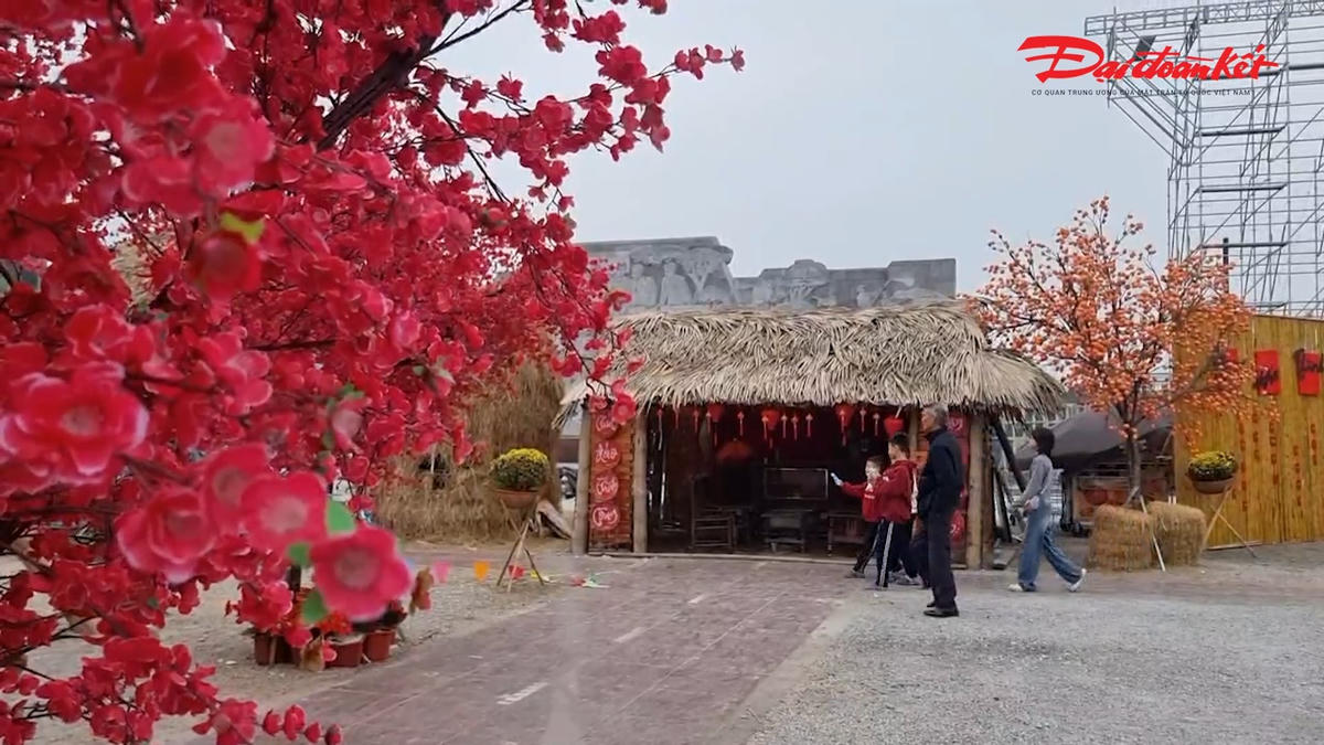 Không gian Tết với hoa đào đỏ thắm đặc trưng của miền Bắc. Ảnh: Anh Toán.