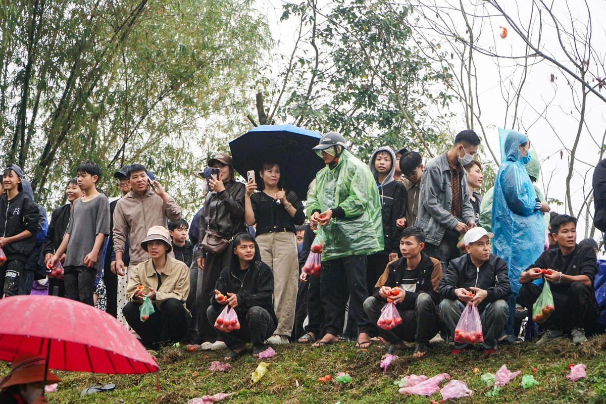 Khi hiệu lệnh vang lên, từng quả cà chua bắt đầu bay qua lại giữa đám đông trong tiếng reo hò, tạo nên một 'cơn mưa' đỏ rực giữa tiết xuân còn se lạnh. Ảnh: Đình Minh