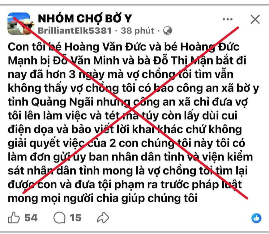 Nội dung đăng thông tin bắt cóc không đúng sự thật trên mạng xã hội. Ảnh: CV.