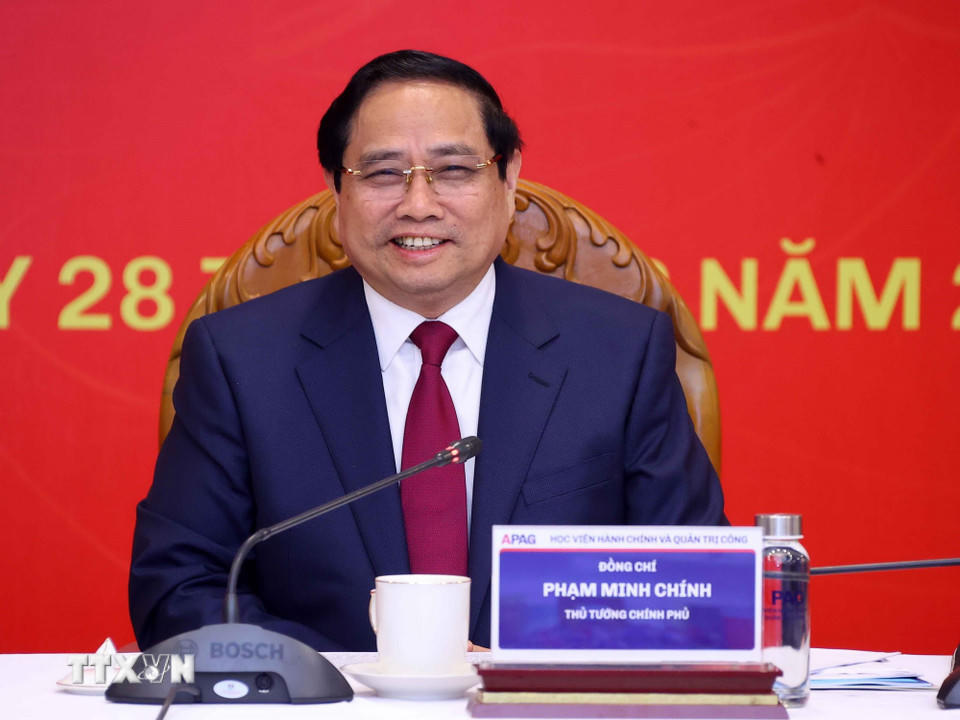 Thủ tướng Phạm Minh Chính tại buổi làm việc với Học viện Hành chính và Quản trị công. (Ảnh: Văn Điệp/TTXVN)