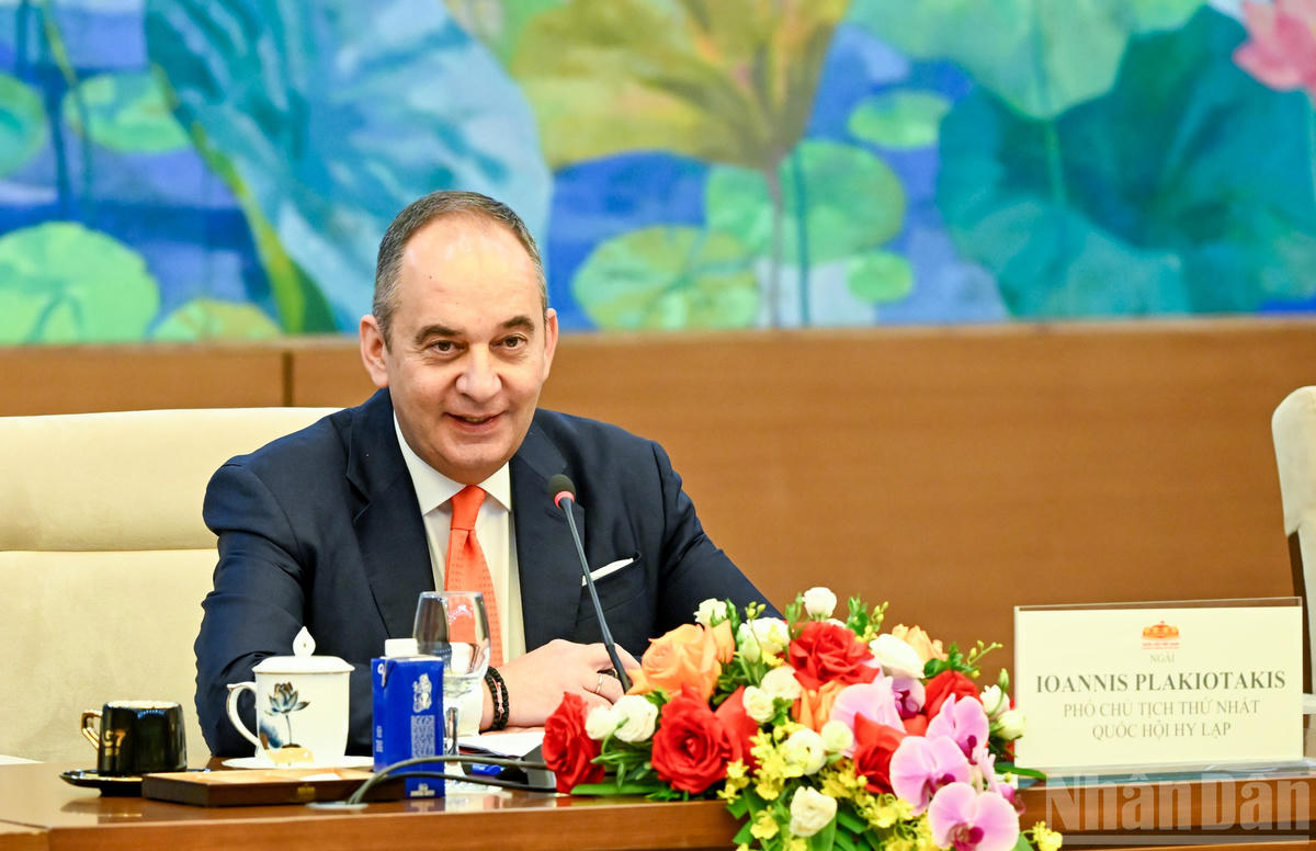 Phó Chủ tịch thứ nhất Quốc hội Hy Lạp Ioannis Plakiotakis phát biểu tại cuộc tiếp. (Ảnh: DUY LINH)