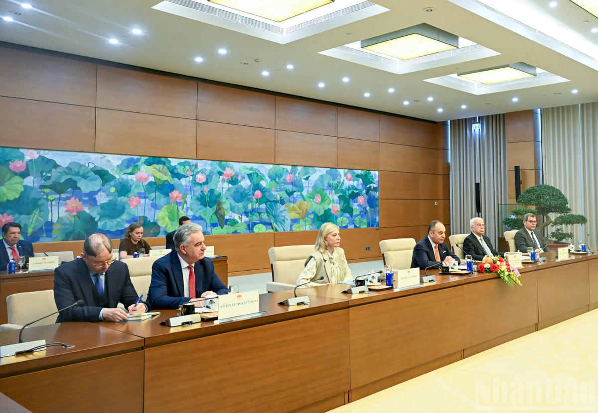 Phó Chủ tịch thứ nhất Quốc hội Hy Lạp Ioannis Plakiotakis và các đại biểu dự cuộc tiếp. (Ảnh: DUY LINH)