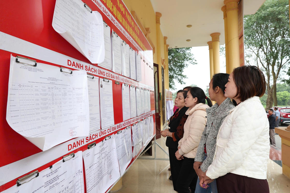 Cử tri xã Quỳnh Lưu xem hồ sơ ứng cử ĐBQH của ông Bùi Văn Mạnh và các ứng cử viên. Ảnh: Minh Quang