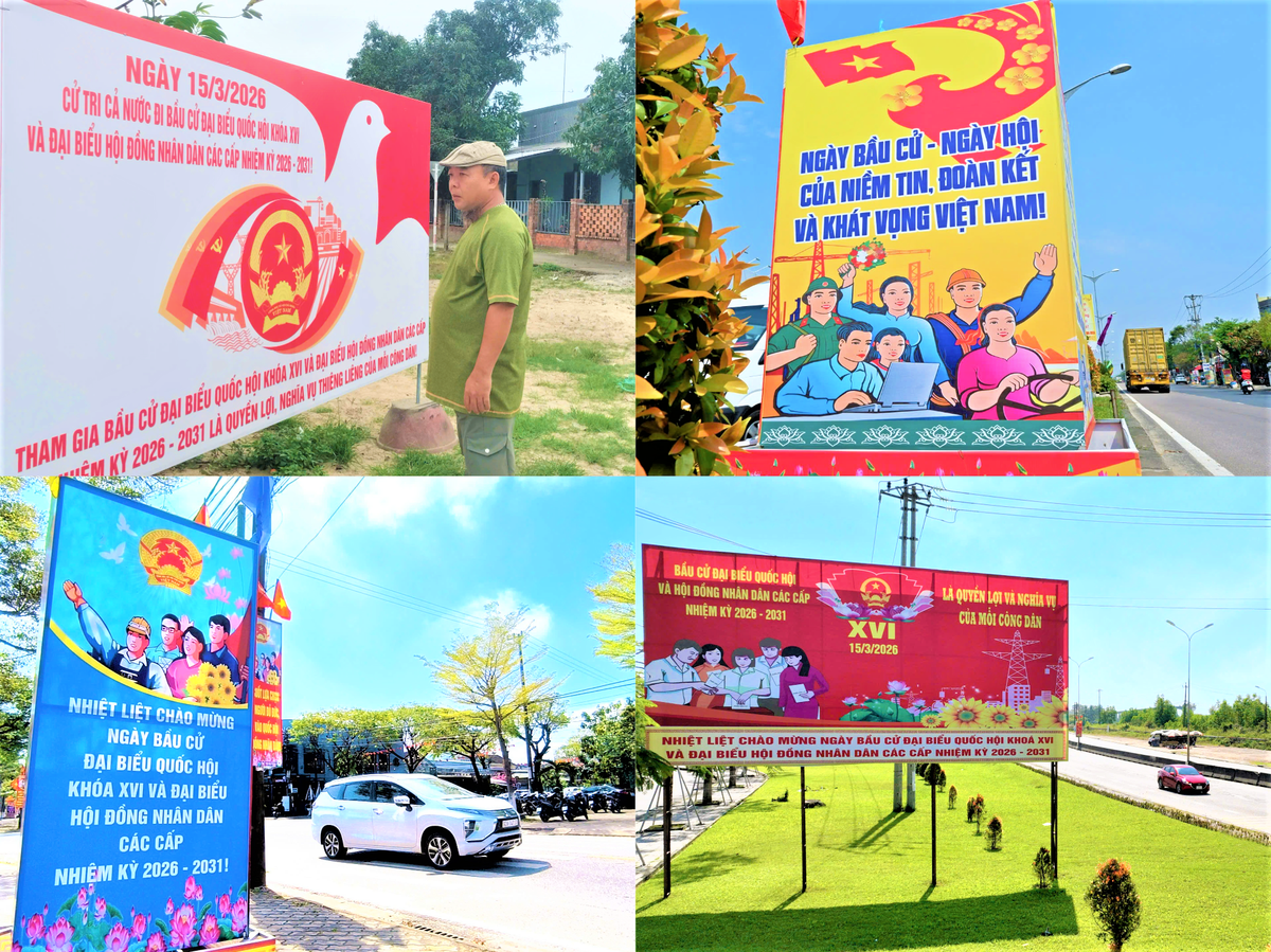 Dọc tuyến đường ở xã Thăng Trường pa nô, áp phích tuyên truyền bầu cử. Ảnh: Chí Đại.