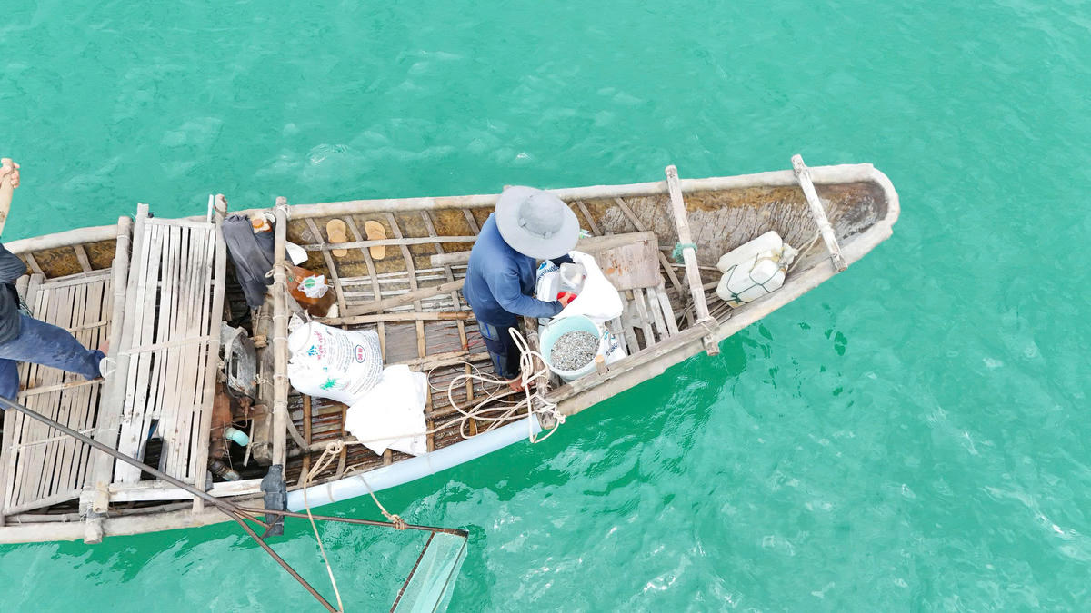 Một chiếc thuyền và vật dụng đánh bắt ốc gạo của ngư dân. Ảnh Dương Quá