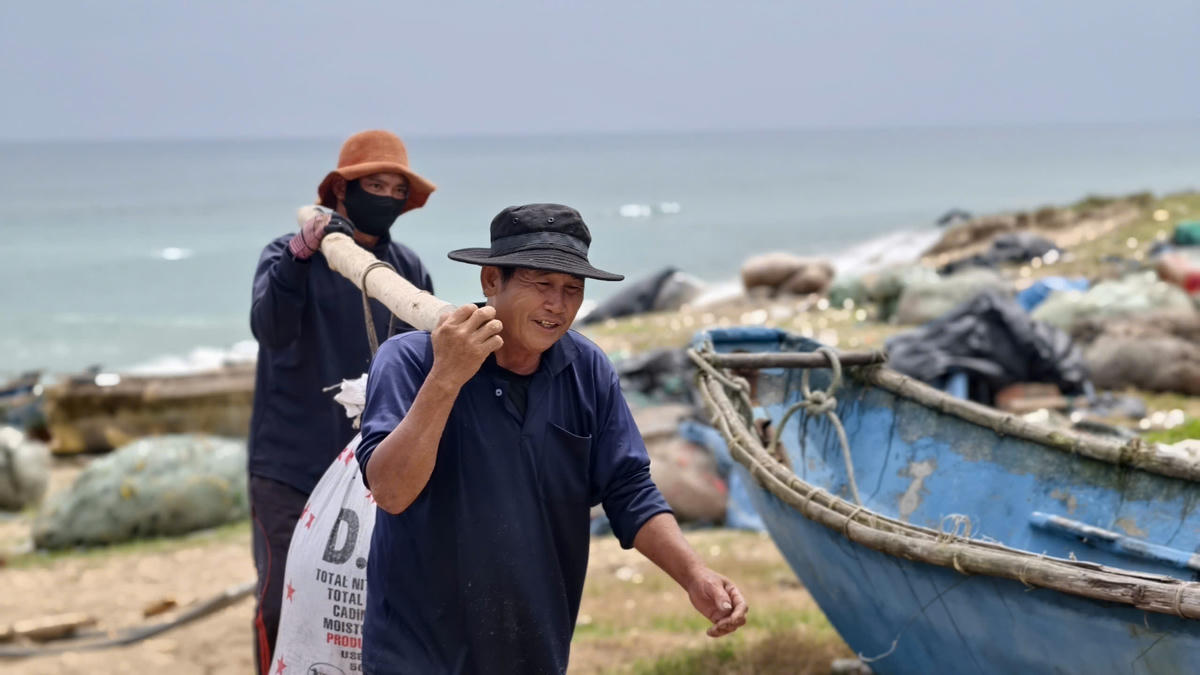 Ngư dân khuân ốc gạo vào bờ để bán.Ảnh Dương Quá