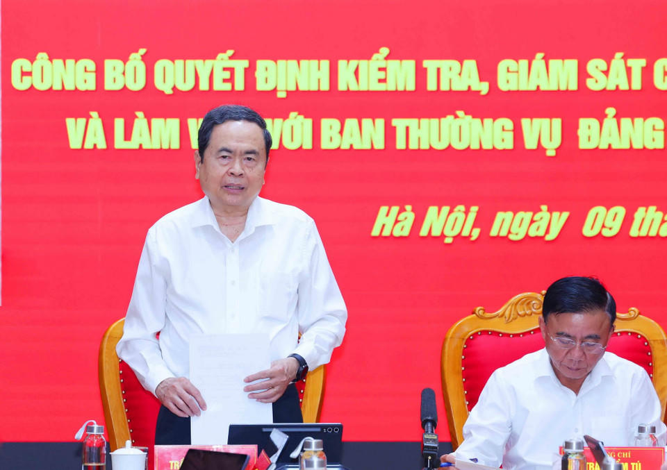 Chủ tịch Quốc hội Trần Thanh Mẫn, Trưởng đoàn kiểm tra, giám sát phát biểu tại hội nghị. (Ảnh: Phương Hoa/TTXVN).