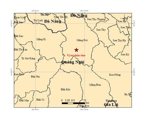 Vị trí tâm chấn động đất 3,9  độ Richter ở xã Măng Bút. Ảnh: Viện Các khoa học Trái đất.. 