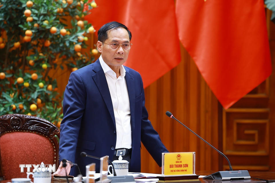 Phó Thủ tướng Bùi Thanh Sơn, Tổ trưởng Tổ công tác bảo đảm an ninh năng lượng phát biểu. (Ảnh: Dương Giang/TTXVN).