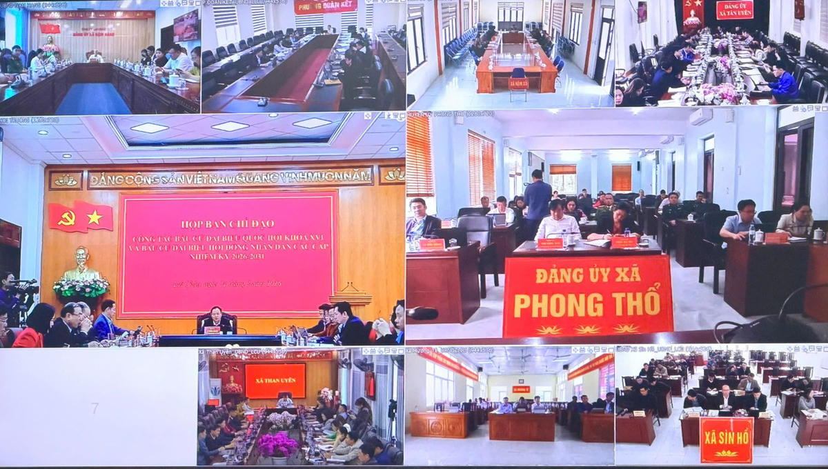 Cuộc họp kết nối trực tuyến đến các điểm cầu phường, xã trong tỉnh. Ảnh: Cổng TTĐT tỉnh Lai Châu.