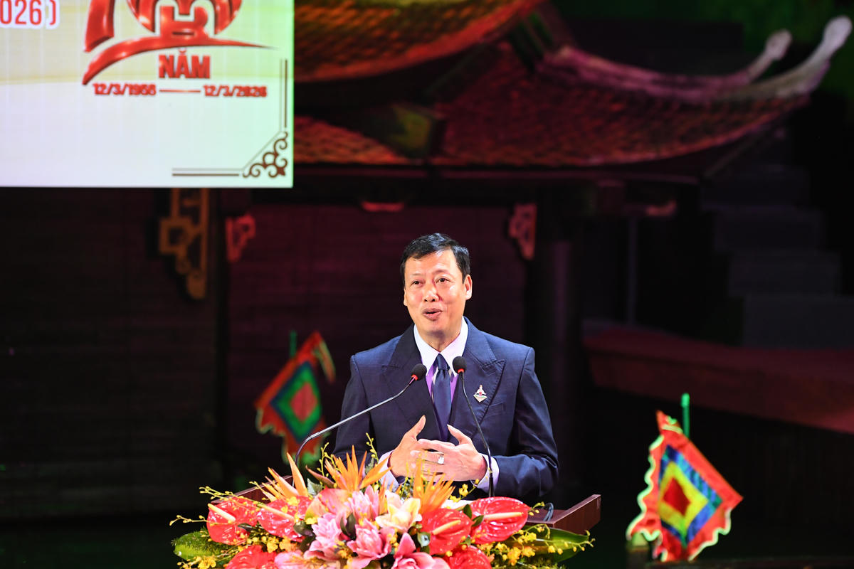 NSND Nguyễn Tiến Dũng – Giám đốc Nhà hát Múa rối Việt Nam chia sẻ tại lễ kỷ niệm.

