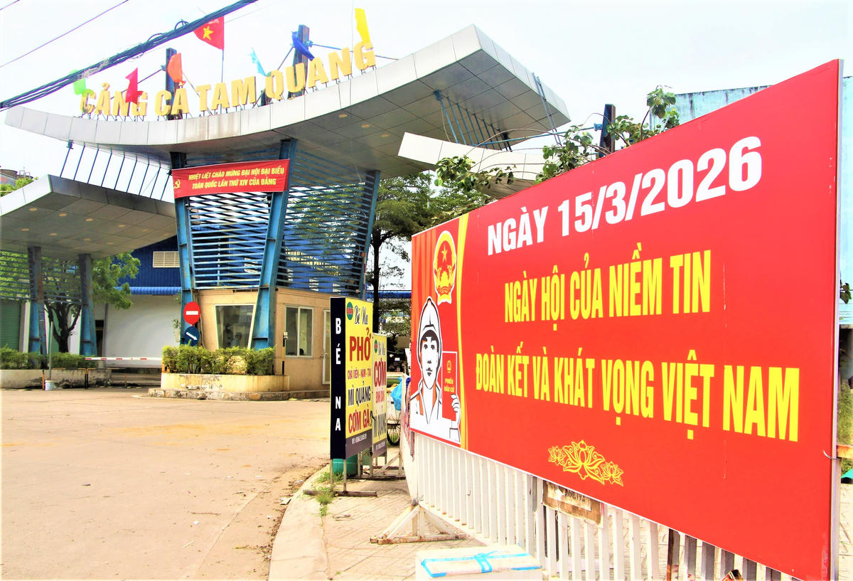 Cảng cá Tam Quang, xã Núi Thành treo pano, áp phích tuyên truyền bầu cử. Ảnh: Tấn Thành.