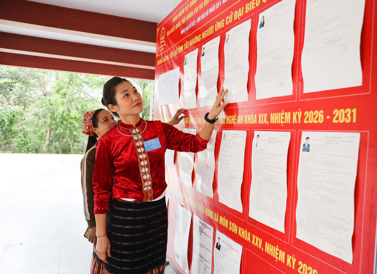 Chị Lô Thị Khẻn, bản Lục Sơn đọc kỹ các thông tin về ứng cử viên trước lúc vào bỏ phiếu. Ảnh: ĐB