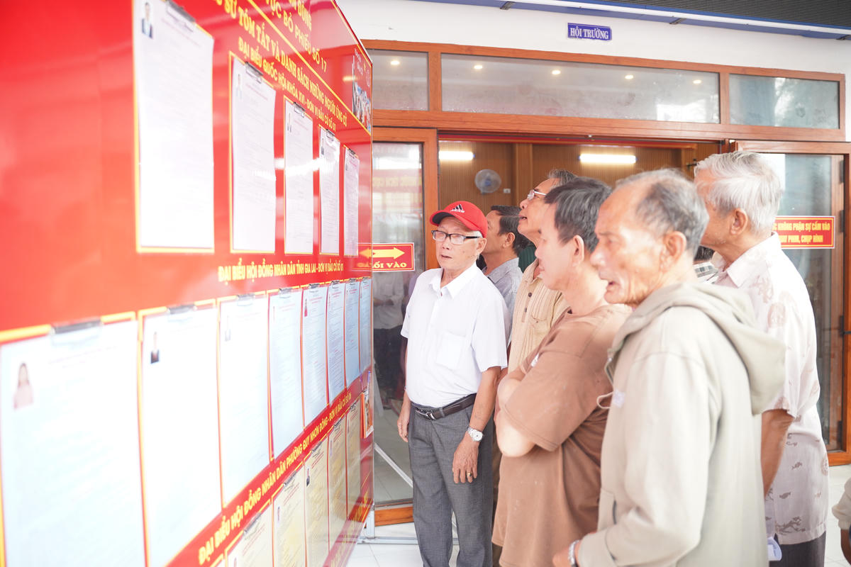 Cử tri phường Quy Nhơn Đông đang xem niêm yết danh sách ứng cử viên. Ảnh: Đình Sang.