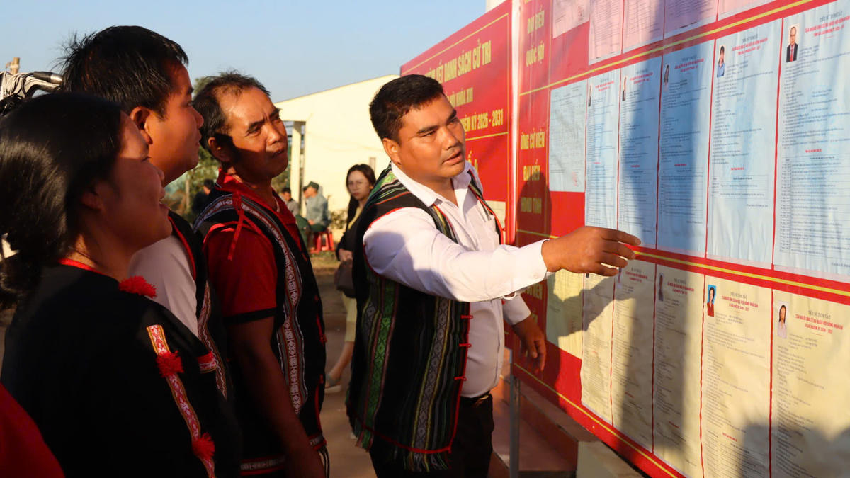 Cử tri tỉnh Gia Lai đang xem niêm yết danh sách ứng cử viên. Ảnh: CV.