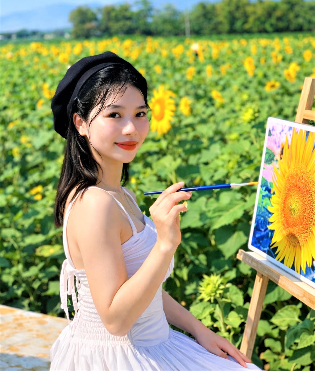 Một bạn trẻ check in bên cánh đồng hoa hướng dương ở thôn Lâm Yên. Ảnh: CV.