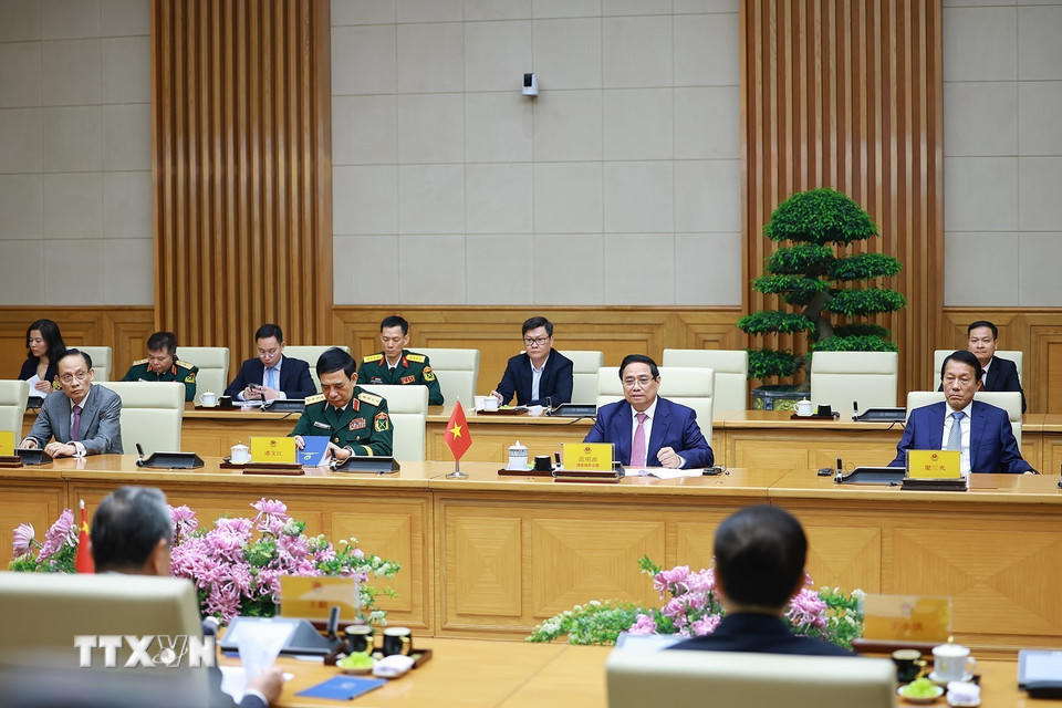 Thủ tướng Phạm Minh Chính phát biểu tại cuộc tiếp Bộ trưởng Ngoại giao, Quốc phòng, Công an Trung Quốc sang dự Hội nghị lần thứ nhất, Cơ chế đối thoại chiến lược “3+3.” (Ảnh: Dương Giang-TTXVN)