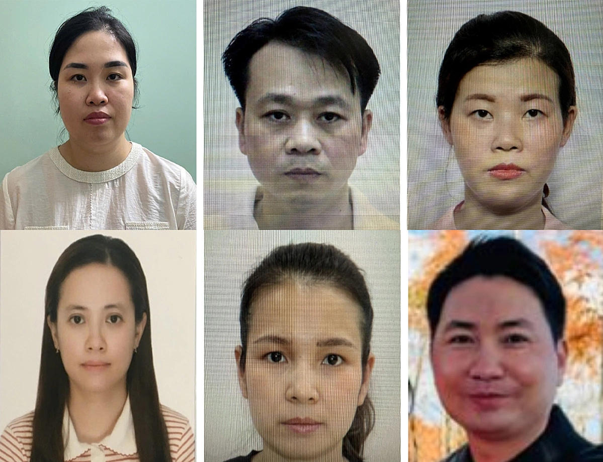 Bị can Phạm Thị Bích Phương, Trần Minh Tuấn, Nguyễn Thị Phương Thảo, Nguyễn Thị Phương Anh, Phạm Thị Bích, Đặng Tiến Đức (từ trái qua, từ trên xuống). Ảnh: Bộ Công an.