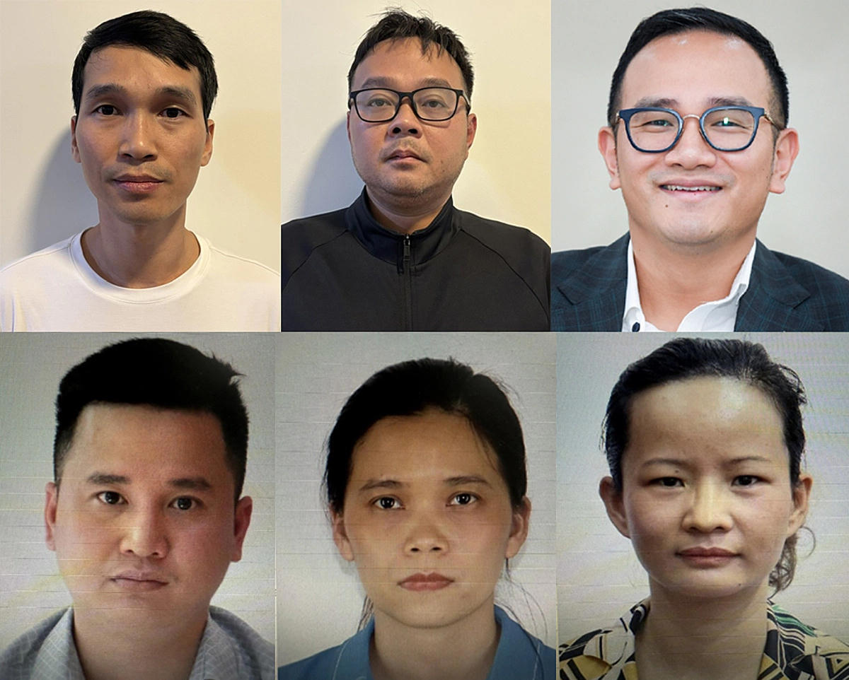 Bị can Phạm Văn Hùng, Trịnh Quốc Khánh và Đào Hữu Duy Anh, An Văn Bắng, Đào Thị Mai, Hoàng Thúy Hà (từ trái qua, từ trên xuống). Ảnh: Bộ Công an.