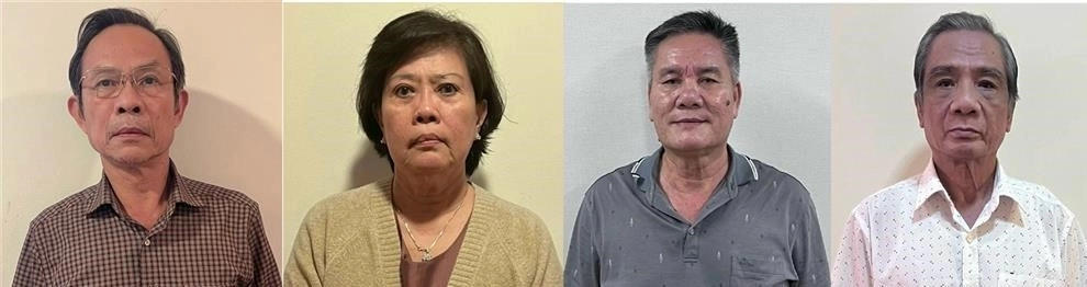 Từ trái qua, các bị can Trần Ngọc Thuận; Nguyễn Thị Hồng; Võ Sỹ Lực; Trần Thoại. Ảnh: Bộ Công an.