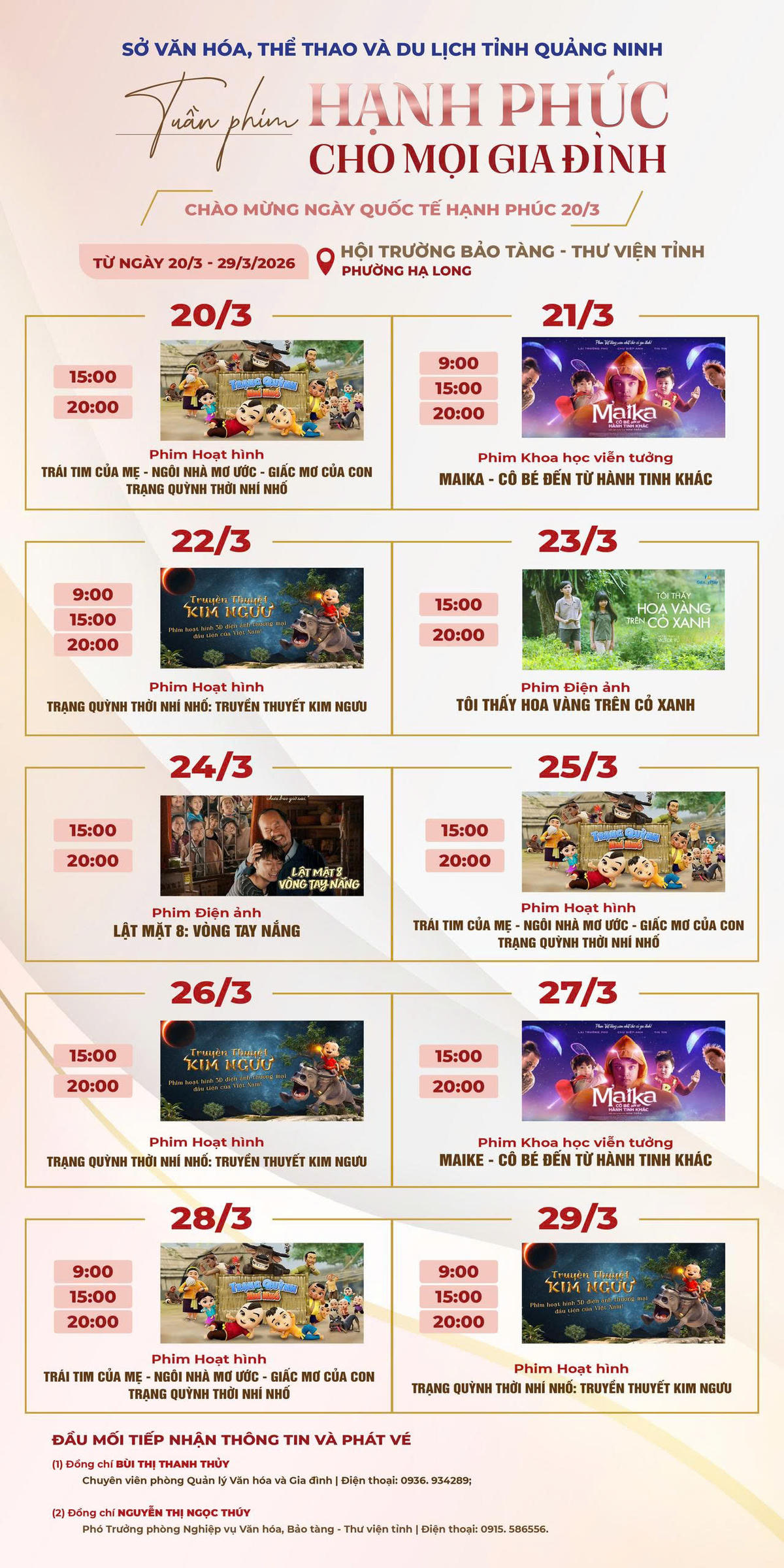 Lịch chiếu phim trong tuần phim "Hạnh phúc cho mọi gia đình".