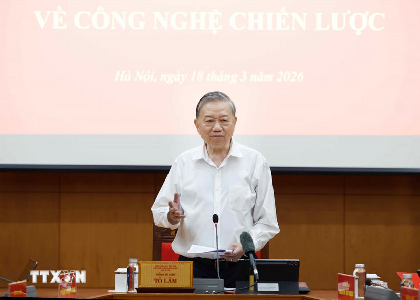 Tổng Bí thư Tô Lâm, Trưởng Ban Chỉ đạo Trung ương về phát triển khoa học, công nghệ, đổi mới sáng tạo và chuyển đổi số phát biểu. (Ảnh: Thống Nhất/TTXVN).