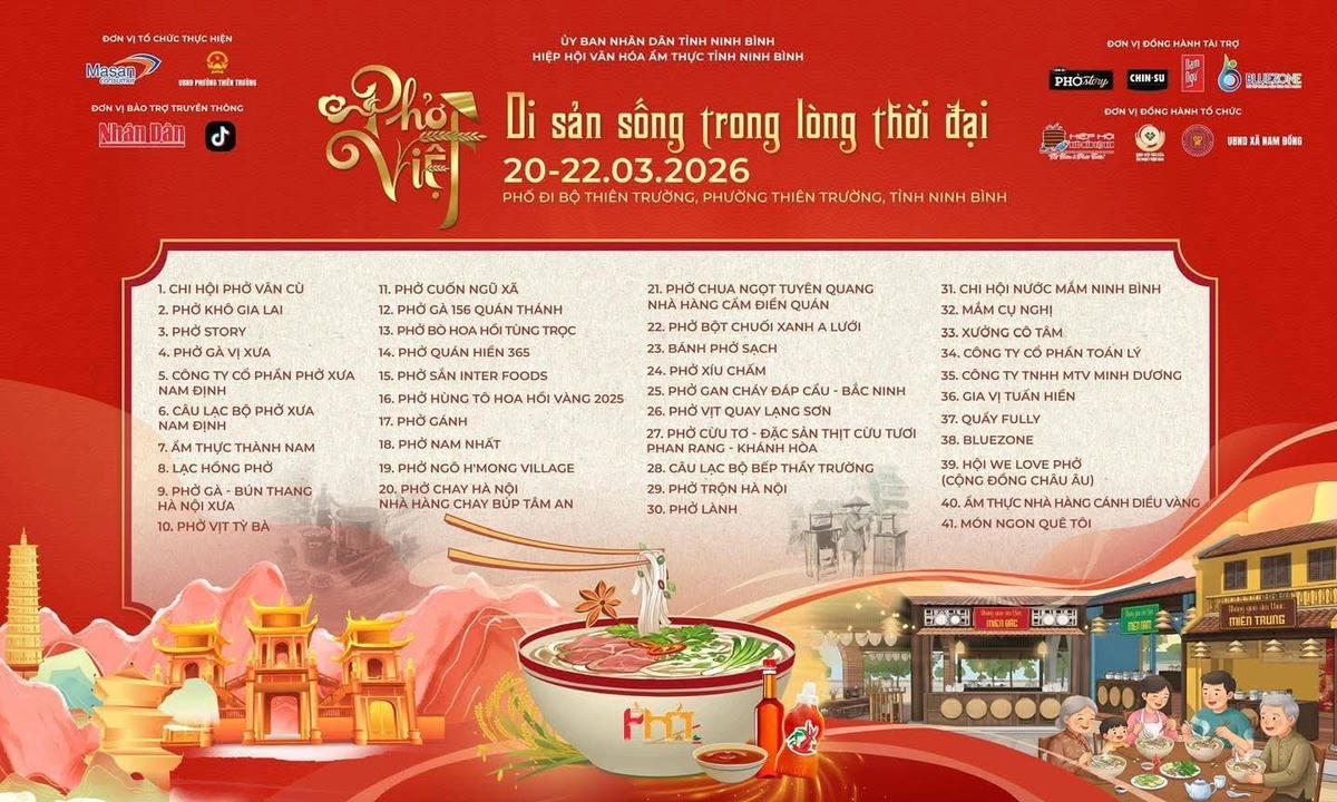 Festival phở năm 2026 tổ chức tại Ninh Bình có chủ đề “Phở Việt - Di sản sống trong lòng thời đại”, diễn ra từ ngày 19 đến 22/3. Chương trình khai mạc được tổ chức vào ngày 20/3 tại Không gian phố đi bộ Thiên Trường (Khu đô thị Thống Nhất, phường Thiên Trường, tỉnh Ninh Bình). Nhiều hoạt động sẽ được tổ chức tại festival như trưng bày, giới thiệu và phục vụ các loại phở đặc trưng của ba miền Bắc - Trung - Nam; giao lưu giữa các nghệ nhân, chuyên gia. festival phở 2026 quy tụ khoảng 50 gian hàng của các doanh nghiệp, thương hiệu phở tiêu biểu trên cả nước tham gia trình diễn, quảng bá, tái hiện tiến trình hình thành, phát triển và lan tỏa của phở Việt. Ảnh: Ban Tổ chức.
