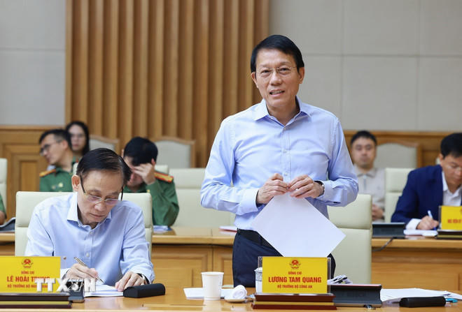 Đại tướng Lương Tam Quang, Bộ trưởng Bộ Công an, Phó Trưởng Ban Thường trực Ban Chỉ đạo An ninh mạng quốc gia phát biểu. (Ảnh: Dương Giang/TTXVN).