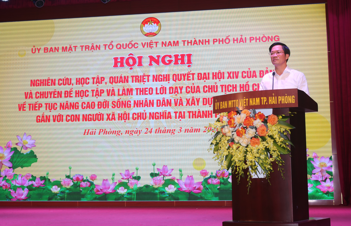 Ông Phạm Văn Lập, Phó Bí thư Thành ủy, Chủ tịch Ủy ban MTTQ Việt Nam TP Hải Phòng phát biểu tại hội nghị. Ảnh: PT.&nbsp;