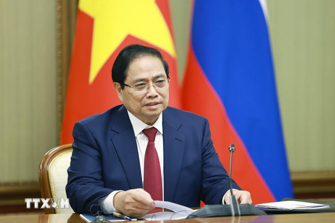 Thủ tướng Phạm Minh Chính phát biểu tại cuộc hội đàm với Thủ tướng Liên bang Nga Mikhail Mishustin. (Ảnh: Dương Giang/TTXVN)