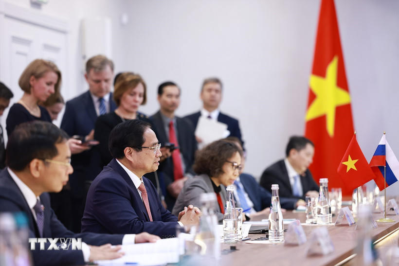 Thủ tướng Phạm Minh Chính phát biểu tại cuộc gặp Thư ký Hội đồng An ninh Sergey Kuzhugetovich Shoygu. (Ảnh: Dương Giang/TTXVN).