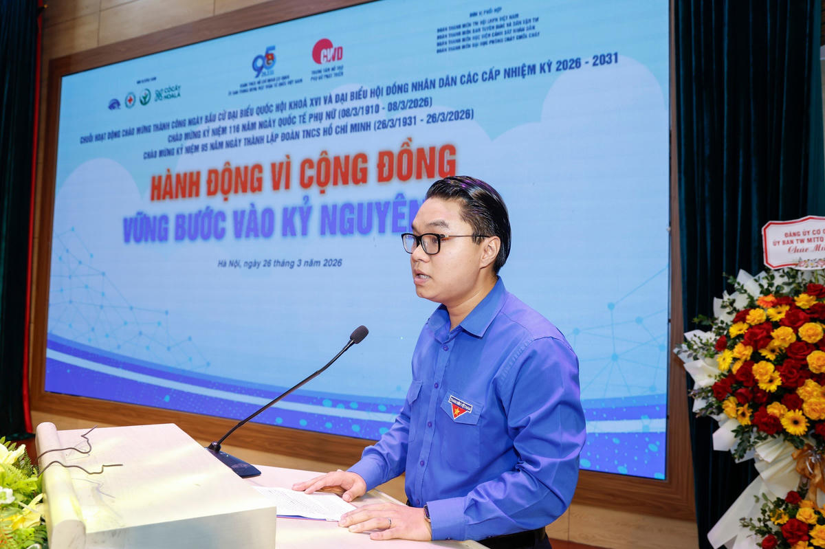 Bí thư Đoàn Thanh niên Cơ quan UBTƯ MTTQ Việt Nam Trần Minh Quang phát biểu tại . chương trình. Ảnh: Quang Vinh.