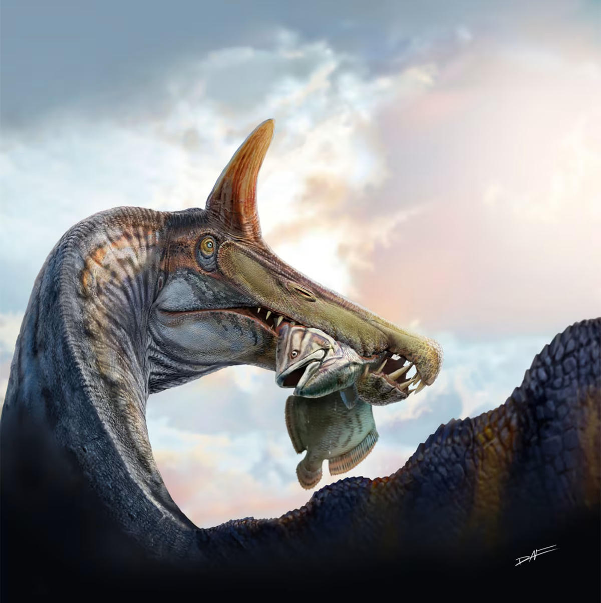 Hình minh họa loài Spinosaurus mirabilis đang săn mồi.