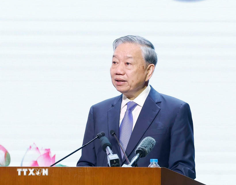 Tổng Bí thư Tô Lâm, Bí thư Quân ủy Trung ương phát biểu tại lễ kỷ niệm. (Ảnh: Thống Nhất/TTXVN).