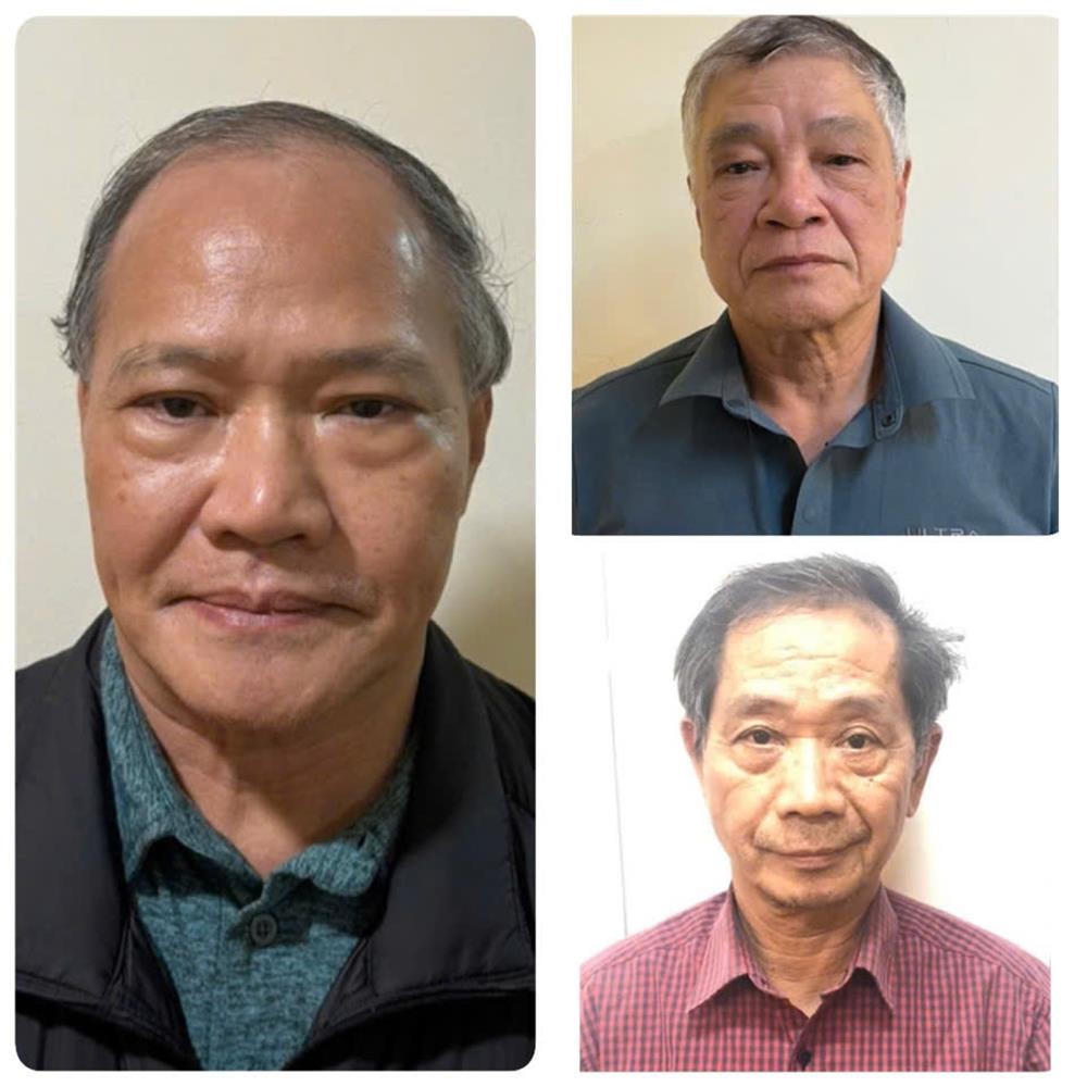 Bị cáo Hoàng Văn Thắng, cựu Thứ trưởng Bộ NN và PTNT cũ (trái) cùng 2 bị can Trần Tố Nghị và Trần Văn Lăng (áo đỏ). Ảnh: Bộ Công an.