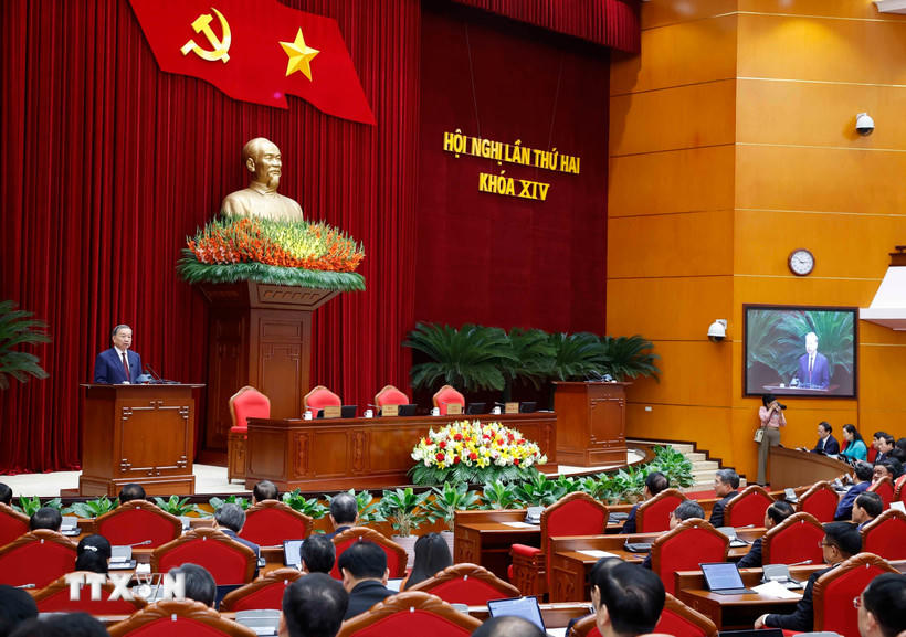 Tổng Bí thư Tô Lâm phát biểu bế mạc Hội nghị lần thứ hai Ban Chấp hành Trung ương Đảng khóa XIV. (Ảnh: Thống Nhất/ TTXVN),