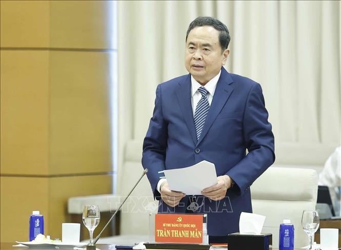 Đồng chí Trần Thanh Mẫn, Uỷ viên Bộ Chính Trị, Bí thư Đảng uỷ Quốc hội, Chủ tịch Quốc hội phát biểu. Ảnh: Thống Nhất/TTXVN