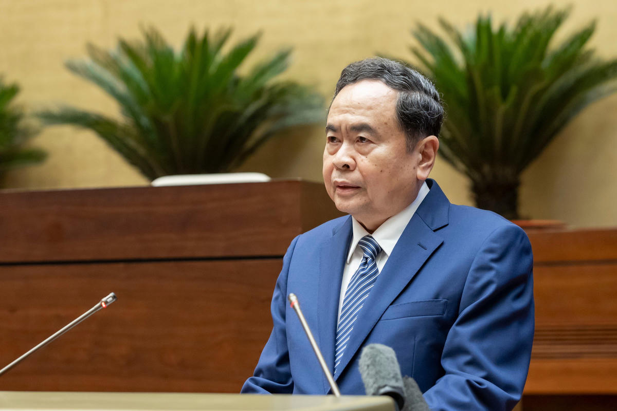 Chủ tịch Quốc hội Trần Thanh Mẫn, Chủ tịch Hội đồng bầu cử quốc gia phát biểu khai mạc hội nghị (Ảnh: Quang Vinh)