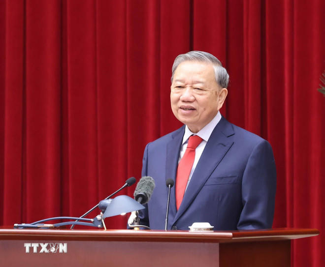 Tổng Bí thư Tô Lâm phát biểu khai mạc Hội nghị lần thứ hai Ban Chấp hành Trung ương Đảng khóa XIV. (Ảnh: Thống Nhất/TTXVN)