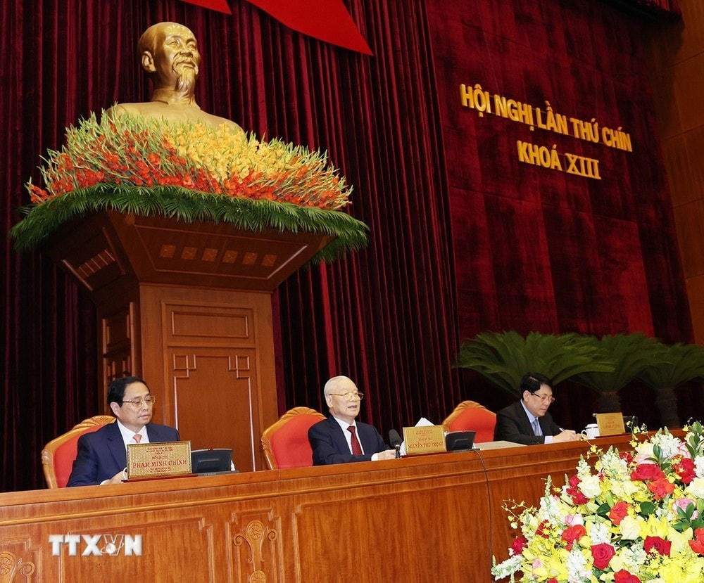 Tổng Bí thư Nguyễn Phú Trọng chủ trì và phát biểu bế mạc Hội nghị Trung ương lần thứ 9, khóa XIII. (Ảnh: Trí Dũng/TTXVN) ttxvn_hoi nghi trung uong 02_resize.jpg