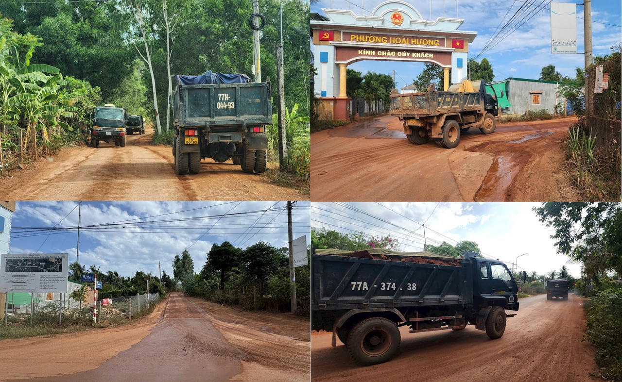 Tuyến đường bê tông trở thành tuyến đường đất, không cảnh báo, không người quyét dọn ngay tuyến giao nhau với trục đường chính. (ảnh Đình Sang)