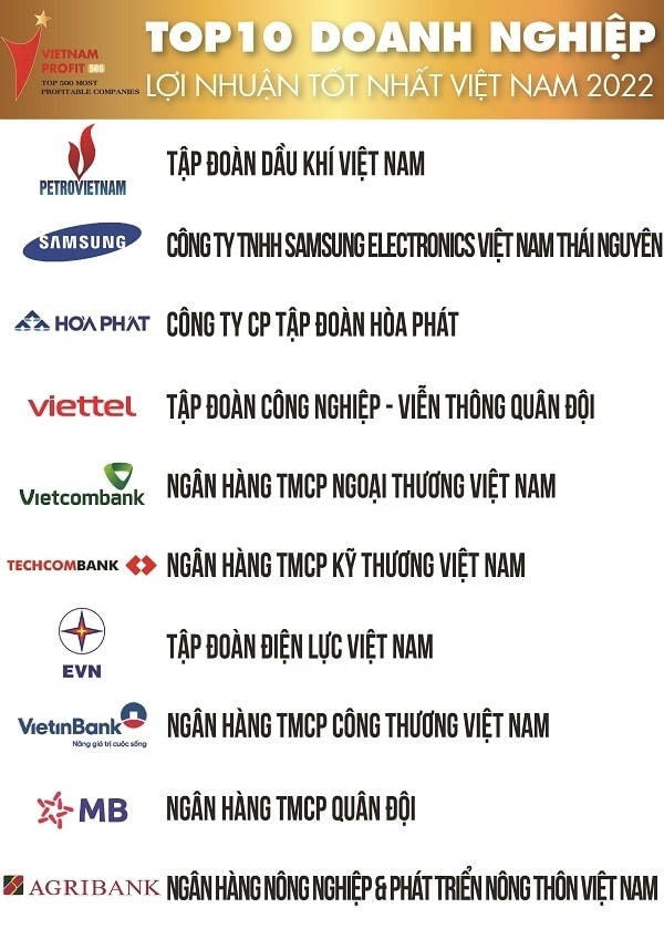 Top 10 Bảng xếp hạng Doanh nghiệp lợi nhuận tốt nhất Việt Nam năm 2022.