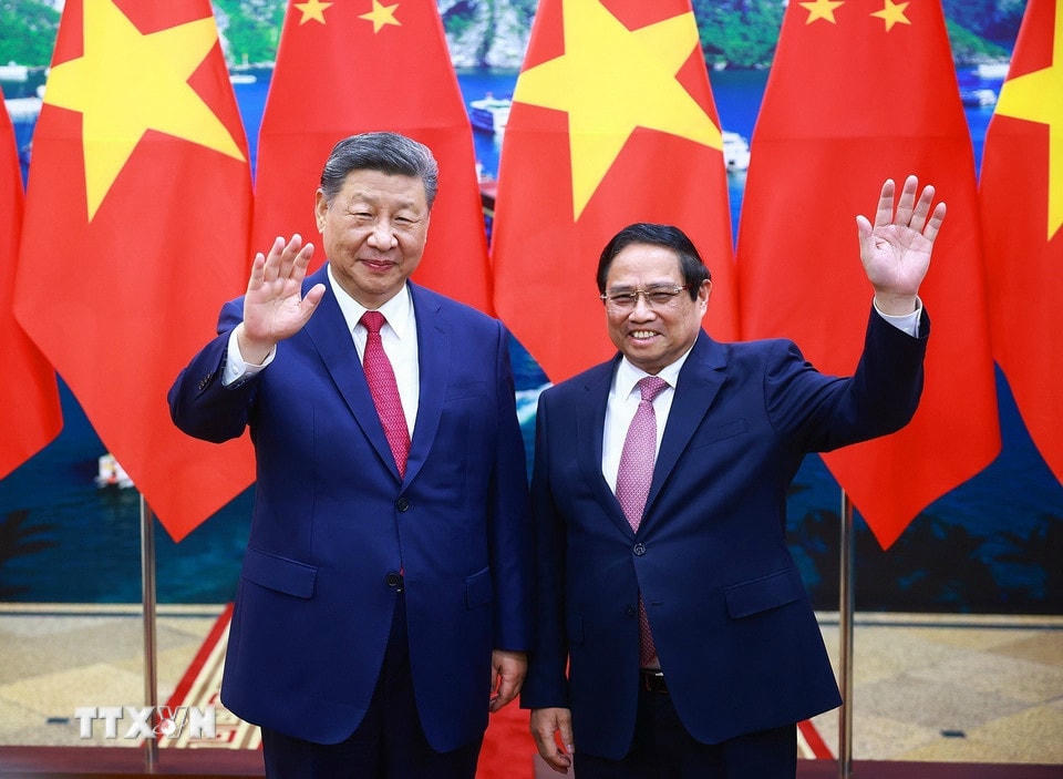 Thủ tướng Phạm Minh Chính hội kiến Tổng Bí thư, Chủ tịch nước Trung Quốc Tập Cận Bình. (Ảnh: Dương Giang/TTXVN)