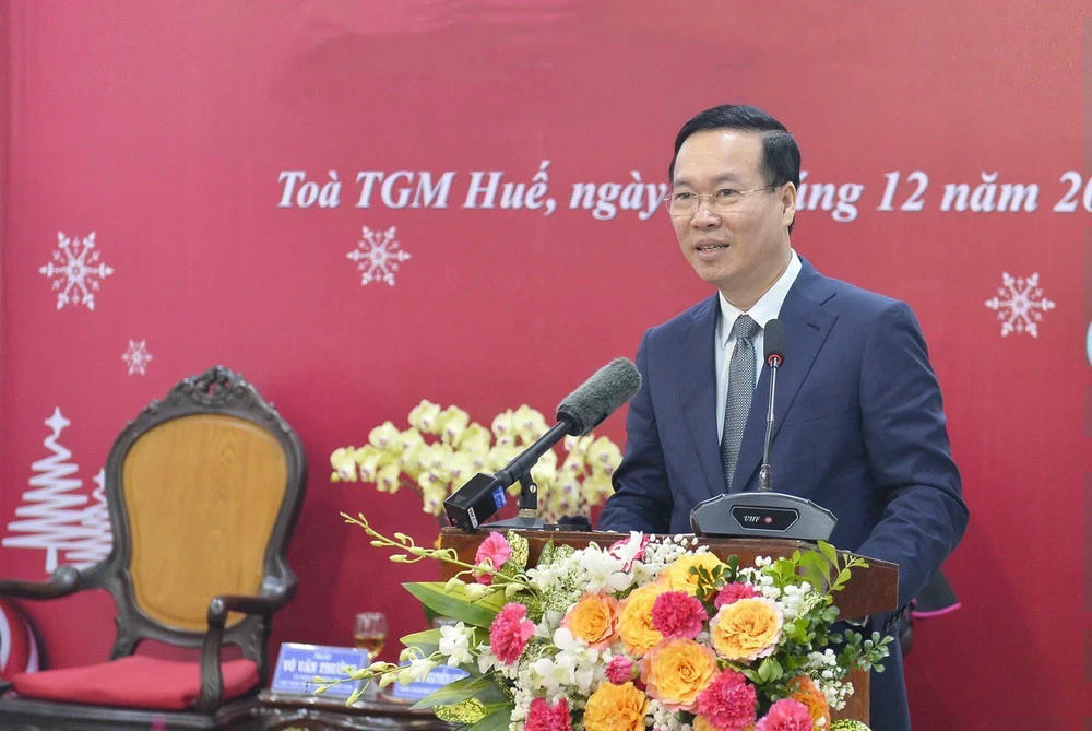 Chủ tịch nước Võ Văn Thưởng phát biểu chúc mừng. (Ảnh: Minh Đức/TTXVN) ttxvn-chu-tich-nuoc-2-5999.jpg