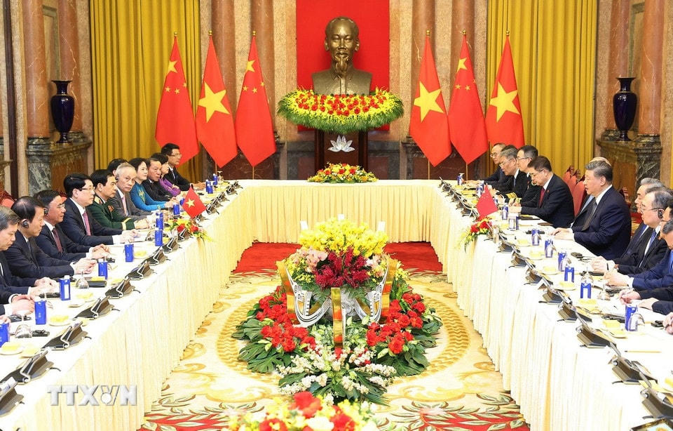 Chủ tịch nước Lương Cường hội đàm với Tổng Bí thư, Chủ tịch nước Trung Quốc Tập Cận Bình. (Ảnh: Lâm Khánh/TTXVN)