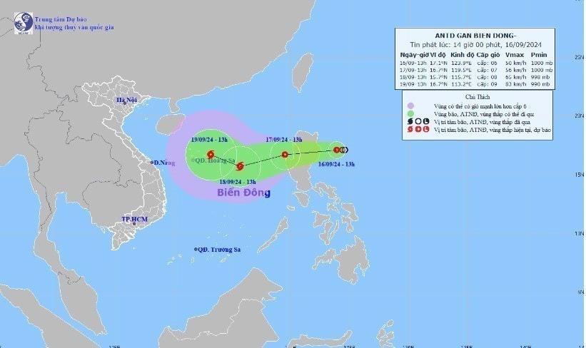 Hướng di chuyển của áp thấp nhiệt đới. (Ảnh: TTXVN phát)